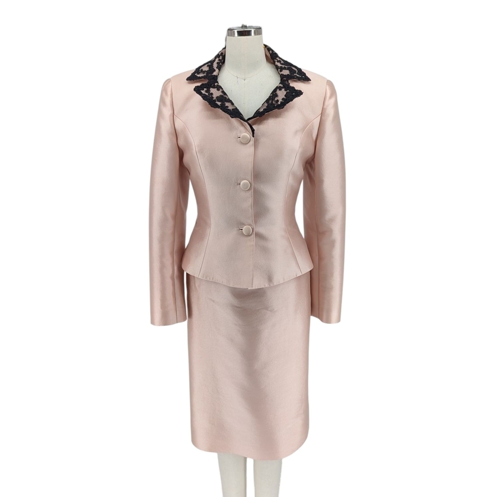 Stanley Korshak Lace Satin Silk Dress Blazer Suit Pink Size Small preppy french